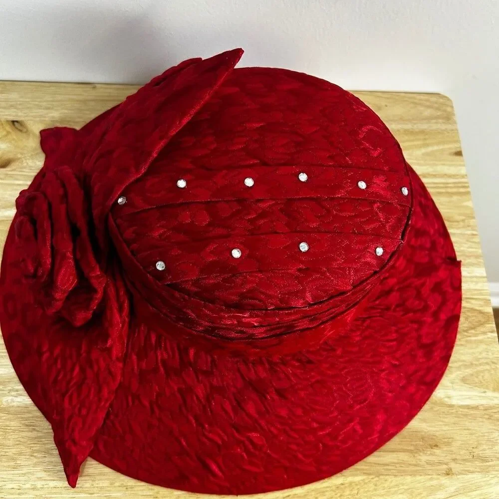 Vintage Red Church Hat Wide Brim Floral Rose Rhinestone Dress Derby Hat